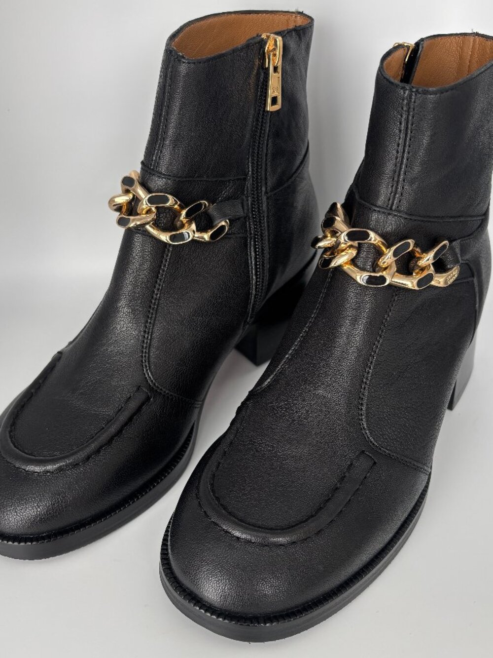 NEW See by Chloé Gold Chain Ankle Boots - Black - Size 36